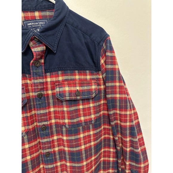 Mens American Eagle Flannel Shirt Medium Red Plaid Barn Thick Warm, Size L - Picture 6 of 10